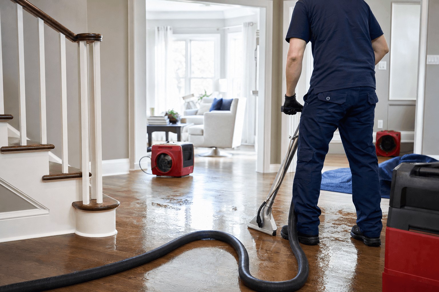 Water damage restoration technician extracting water from a residential floor